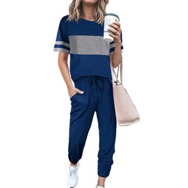 PRETTYGARDEN Women's Two Piece Lounge Sets 2025 Spring Summer Jogger Pants Vacation Outfits Travel Airplane Matching Clothes (Striped Bright Blue,Large)