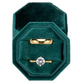 POKOFO Premium Velvet Ring Bearer Box for Proposal Engagement Wedding Ceremony - Equilateral Octagon Vintage Double Ring Display Holder with Detachable Lid (Green)