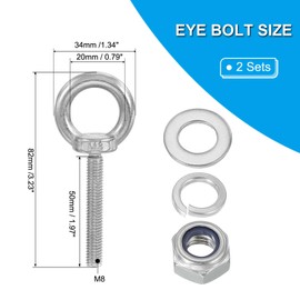 PATIKIL M8 x 50mm Eye Bolt with Nut, 2 Pack 304 Stainless Steel Lifting Shoulder Eyebolt Lift Thread Screws for Hanging, Silver