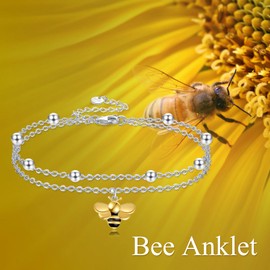 POPLYKE Bee Anklet for Women 925 Sterling Silver Double Layered Chain Gold Plated Bee Ankle Bracelet Girls Summer Beach Jewellery