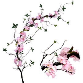 Artificial Cherry Blossom Tree Rattan 7.3Ft Long Silk Cherry Blossom Vines with Tree Branches Fake Hanging Flower Rattans Trees for Home Wedding Arch Living Room Party Wall Decor (Pink - Pack of 2)