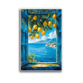 Vibrant vintage window canvas painting frame lemon tree branches with yellow fruits turquoise ocean waves white village red roofs in the distance scattered clouds coastal scenery tranquil home decor