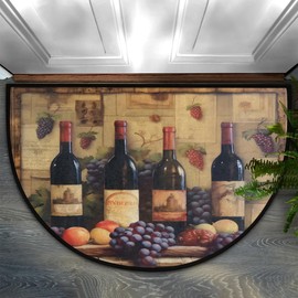 OMFUNS Half Round Door Mat, Non Slip Welcome Mat, Absorbent Washable Doormat Floor Mat, Area Rugs Half Circle Mats for Home Kitchen Patio Entrance, 24" x 36", Wine Grapes, Bottle Wooden