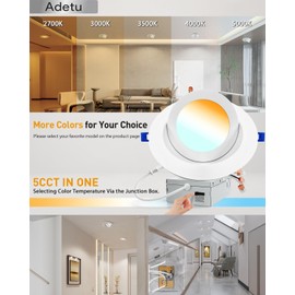Adetu 6 Inch 5CCT Gimbal Led Recessed Lighting, 360°+90° Adjustable Directional Recessed Lighting 6 inch, 2700K-5000K Dimmable Retrofit Eyeball Can Recessed Lights with Jbox, ET (White, SMD, 6 Pack)