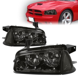 D SOLUTIONS Headlights Assembly Compatible with Dodge Charger 2006-2010 Smoked Lens Clear Corner Left Right Factory Style Headlamp Set CH2502163 CH2502181 CH2503163 CH2503181