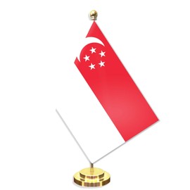 Singapore Desk Small Flag Set,5×8 Inch Mini Singaporean Desktop Banner,12" Metal Solid Pole Decor,Tiny Digital Printed Polyester Banner With Golden Base