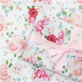 Wedding Wrapping Paper and Ribbon Set for Girls Women, 4 Folded Sheets Pretty Pink Red Rose Floral Bridal Shower Engagement Wedding Gift Wrap - Mother's Day Birthday Party Anniversary All Occasions