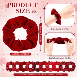 Yuxung 10 Pcs Hair Scrunchies for Women Satin Silk Scrunchies Fluffy Fuzzy Flower Plaid Bubble Hair Ties Bulk Elastic Hair Accessories Christmas Scrunchies Gifts for Teens Girls(Red)