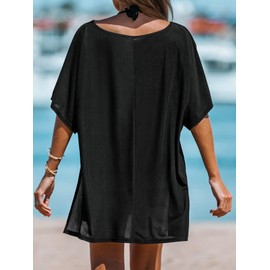 CUPSHE Women V-Neck Slit Mini Cover-Up Dress Casual Summer Short Sleeves Solid Cover Up,L Black