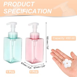 uxcell 4PCS Square Empty Foam Pump Bottle, 450ml Travel Foam Soap Dispenser Empty Refillable Plastic Pump Bottle for Lash Shampoo, Hand Soap, Facial Lotion(9" Clear Pink/Clear Blue)