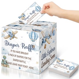 Teling 51 Pieces Diaper Raffle Tickets with Card Box Baby Shower Decorations Baby Shower Holder Box for Girl Boy Diaper Raffle Party(Airplane Style)