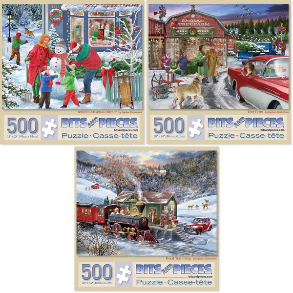 Bits and Pieces - Value Set of Three (3) 500 Piece Jigsaw Puzzles for Adults - Each Puzzle Measures 16" x 20" - Home for The Holidays Jigsaws by Artist Bigelow Illustrations