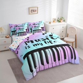 Feelyou Music 7 Pieces Bedding Set Full Size Blue Purple Comforter Set with Sheets for Kids Boys Girls Hip Hop Bed in a Bag Musical Instrument Bed Set