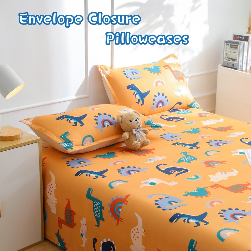 Cartoon Dinosaur Kids Sheet Set Twin Size - Orange Dinosaur