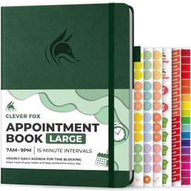 Clever Fox Appointment Book – Hourly Schedule Planner with 15-Minute Increments – Time Box Planner for Daily Work & To-Dos – Weekly & Monthly Spreads, Undated, Hardcover, A4 size, (Dark Green)