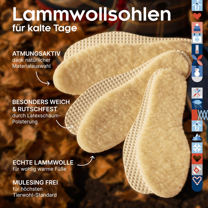 3 Pairs of Lambswool Insoles | Real Lambskin Winter Size