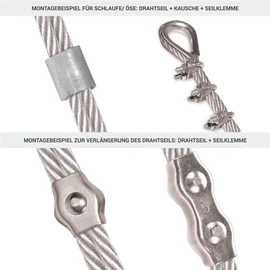 Seilwerk STANKE Trellis PVC Wire Cable Coated Galvanised 20 m Steel Cable 3 mm 6 x 7, 4 x Turnbuckles M5 Hook + Eyelet, 16 x Thimbles, 16 x Stirrup-Shaped Clamp - Set 6
