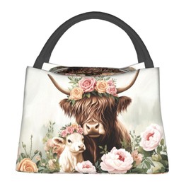 MIEPOS Highland Cow Lunch Box with Floral Farm Animal Pattern for Girls and Adults,Lightweight Handbag with Zipper Closure,Portable Cosmetic Bag for School,Work,Office, Travel and Picnic Gifts