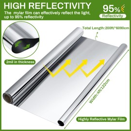 Yaocom 4 x 200 Ft Highly Reflective Film Roll Heavy Duty Horticulture Film Roll for Outdoor Indoor Plant Grow Tent Warm House Greenhouse Room, 2 Mil Silver
