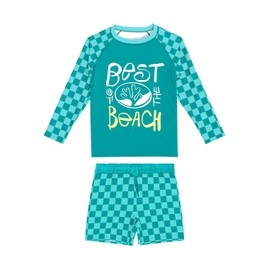 weVSwe Boys' Swimming Costume SPF 50+ Long Sleeves Rash Guard for Boys UV Protection Swimming Shirt and Shorts Children, Green grid