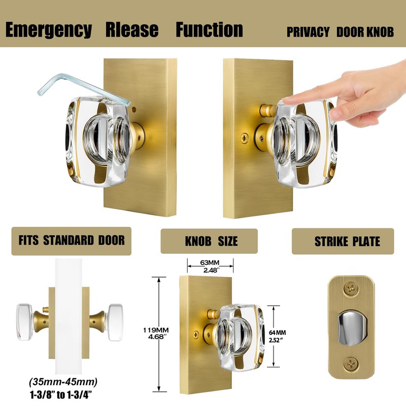 HIEMEY Glass Door Knobs Interior with Lock, Crystal Gold Door