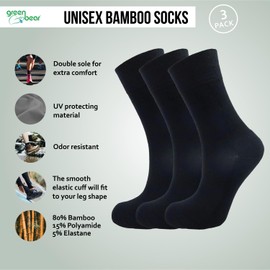 Green Bear Bamboo Fibre Socks - Black, Soft, Breathable, Antibacterial, and Odour Resistant, Ideal for Sports and Everyday Wear, Extra Sole Support, UV Protective, Moisture-Wicking, Unisex - 3 Pairs