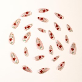 Almond Press on Nails Medium Fake Nails Nuede False Nails Cat Eye Artificial Nails with Flowers Designs Stick on Nails for Women 24pcs