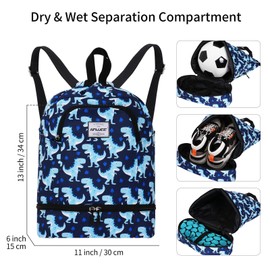 HAWEE Dry Wet Drawstring Backpack with Shoe Compartment for Women and Girls Waterproof Yoga String Bag Outdoor Sports Rucksack for Gym/Beach/Swim Pool, Dinosaur
