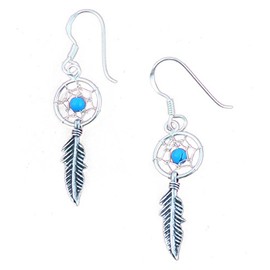 Earrings Dream Catcher with Turquoise 925 Sterling Silver Diameter 12 mm Country Western, Sterling Silver, Turquoise