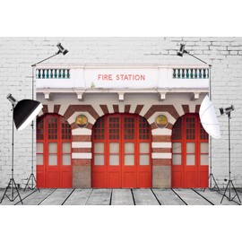 CORFOTO 5x3ft Fabric Modern Fire Station Backdrop Historical Red Building Firehouse Entrance Photography Background for Kids Firetruck Birthday Party Decorations Firefighter Photobooth Props