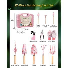 Grenebo 12-Piece Gardening Tools Set, Floral Print Garden Tool Set Gift, Rust-Proof & Heavy-Duty Trowel, Rake, Weeder, Pruner with Hard Case, Gardening Gifts for Women, Mom & Plant Lovers (Pink)