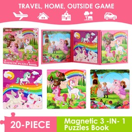 Magnetic Puzzles for Kids Ages 4-6, 20-Piece Toddler Travel Toys Unicorn Princess Puzzles Ages 3-5, Educational Learning Magnets, Ideal Road Trip Activities Toys for 3 4 5 6 Boys and Girls