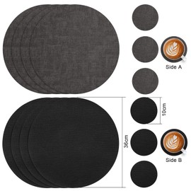 Myir JUN Leather Placemats and Coaster Set of 4, Table Mats Round Waterproof Dual Sided Kitchen Place Mats Coffee Mats Heat Resistant Placemat Non-Slip Washable (set of 4, Black Grey)