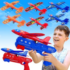 LJZJ 6 Pack Airplane Launcher Toys, 2 Flight Modes LED Foam Glider Catapult Plane, Outdoor Flying Toy for Kids, Birthday Gifts for Boy Girl 4 5 6 7 8 9 10 11 12 Year Old, B-Day Party Supplies