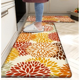 Orange Fall Kitchen Mats for Floor, Cushioned Anti Fatigue Memory Foam Kitchen Rugs Set of 2, Non Slip Waterproof Kitchen Runner Floor Mat, Comfort Standing Mat for Sink, Laundry, Autumn Home Decor