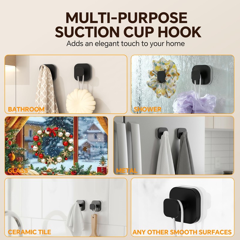 4 Pack Stainless Steel Suction Cup Hooks for Shower, Removable