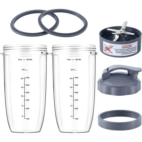 7 Pieces nutribullet Blender Cups & Blade Replacement Set 32oz Huge Cup with 1 Flip-Top To-Go Lid and 1 Lid Ring & Premium Extractor Blade with Compatible with NutriBullet 600w/900w Blender