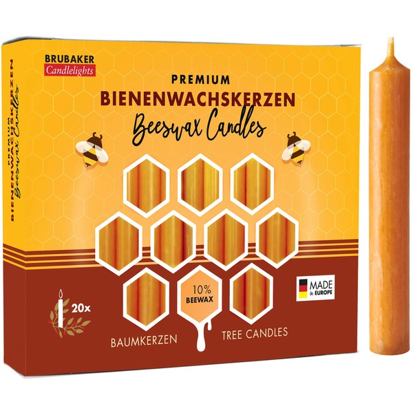 BRUBAKER 10% Beeswax Tree Candles - Pack of 20 - Honey Colored - 3¾ x ½ Inch (9.5 x 1.27cm) - Made in Europe - Pyramids, Carousels & Chimes