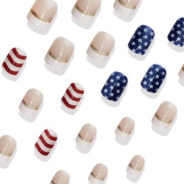 24Pcs 4th of July Nails Press on Nails Short Square French Tip Fake Nails Glitter White Nail Tips Artificial Acrylic Nails Independence Day Glue on Nails Red Blue Star Stripe Stick on Nails for Women