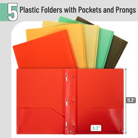 Mr. Pen- Plastic Folders with Pockets and Prongs, 5 Pack, Letter Size, Retro Colors, Flexible Plastic Folders with Prongs