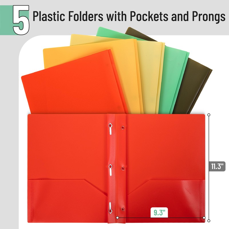 Mr. Pen- Plastic Folders with Pockets and Prongs, 5 Pack,