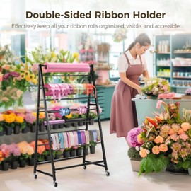 BATTIPAW 15-Tier Ribbon Holder, Double-Sided Ribbon Organizer, Movable Ribbon Storage Shelf with Wheels, Large Capacity Freestanding Wrapping Ribbon Rack for Craft Room, Flower Store