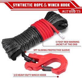 AUTOBOTS Synthetic Winch Rope 1/4" X 50 Ft，Max 9500lbs Winch Rope with Heavy Duty 3/8 Winch Hook，Winch Rope Cable Line with Protective Sleeve for Off Road Vehicle ATV UTV RED