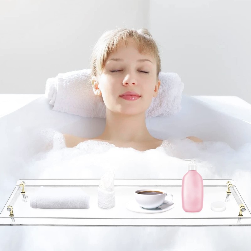 Clear Acrylic Bathtub Caddy Tray with Gold Handles for Luxury