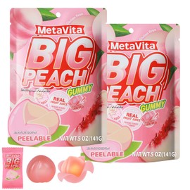(2 Packs, 10oz) MetaVita Big Peelable Peach Gummy Candy – Individually Wrapped Fruit Gummies with Real Puree, Chewy & Fun, Gluten-Free