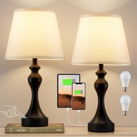 Bedroom Lamps Set of 2 - Bedside Lamps with USB A+C Ports, 3 Way Dimmable Table Lamps for Night Stands, Touch Lamps for Nightstand with Metal Base for Bed Side Table Living Room(White&Black)