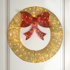 CAPHAUS 36” Lighted Metal Christmas Wreath, 3 FT Foldable Christmas Reef with 120 LED Lights, Bow, Metal Frame, 8 Light Modes, Christmas Holiday Decoration for Indoor, Home, Office, Gold