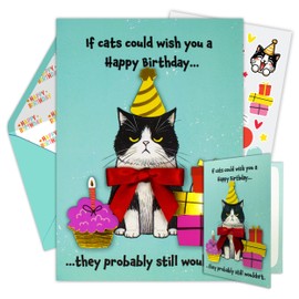 Decorably Gold-Foiled 5x7in Individual Funny Cat Birthday Card with Birthday-Themed Cutouts and Ribbon, Textured Cat Card Set with Envelope and Stickers, with Printed Message Inside
