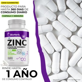 BioHerb Zinc y Magnesio Con Melatonina (360 Capsulas 500mg) | [Bienestar y Relajación Natural] - | Calidad Suprema | Suministro Para 12 Meses | - Gluconato de Zinc, Citrato de Magnesio y Melatonina - BioHerb.