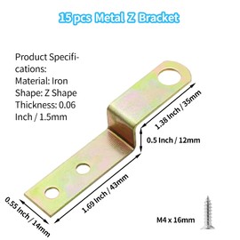 Bivethoi 15pcs Metal Z Angle Bracket 1/2 Inch / 12mm Picture Frame Brace with Screws, Corner Mounting Shelf Bracket, Furniture Brace Accessories